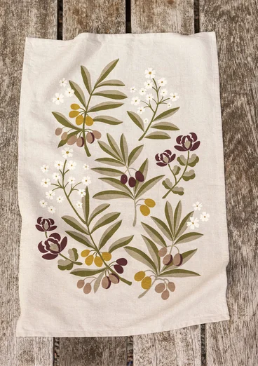 “Olives” kitchen towel in organic cotton - natural