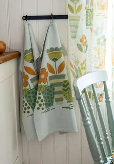 “Flower pots” organic cotton tea towel - mint