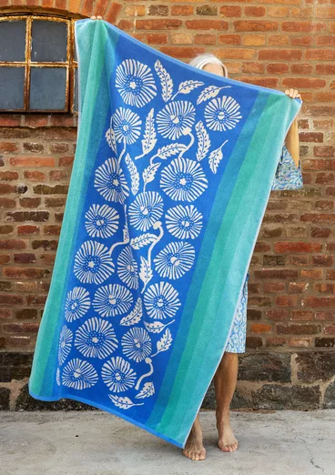 “Poppies” bath sheet in organic cotton - sea blue