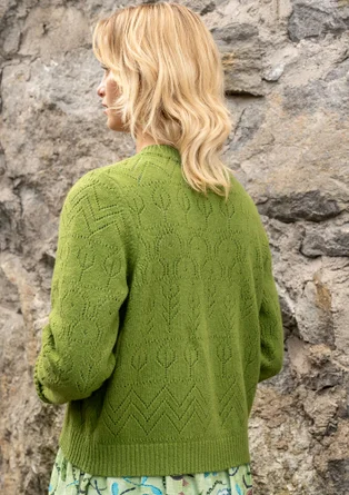 Vue arrière d'un cardigan à manches longues avec technique de tricotage pointelle dans la couleur verte. Combiné avec une robe claire avec un motif floral dans les couleurs bleu, marron et vert. 
