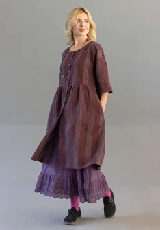 “Sylvi” striped/solid-colour, button-through linen dress - aubergine/striped