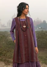 “Sylvi” striped/solid-colored sleeveless dress in linen - aubergine/striped