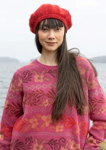 Knit beret in an alpaca blend - parrot red/melange