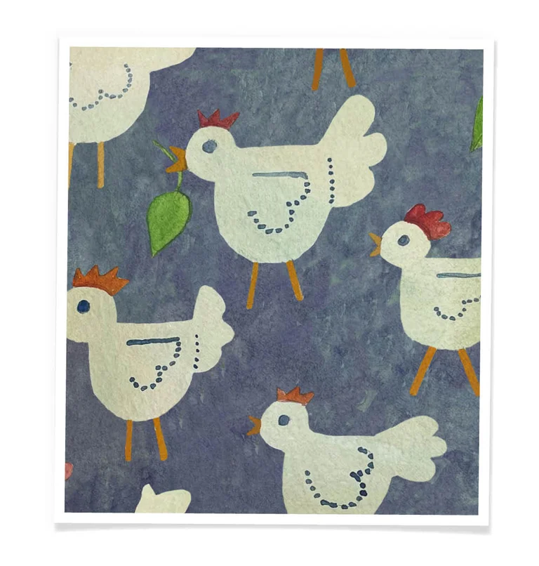 A blue watercolour with white hens from Gudrun Sjödén.