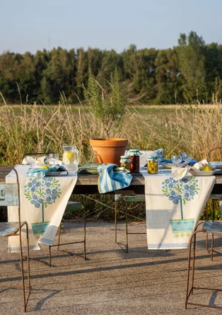 “Lemon Tree” table runner in organic cotton - sea blue