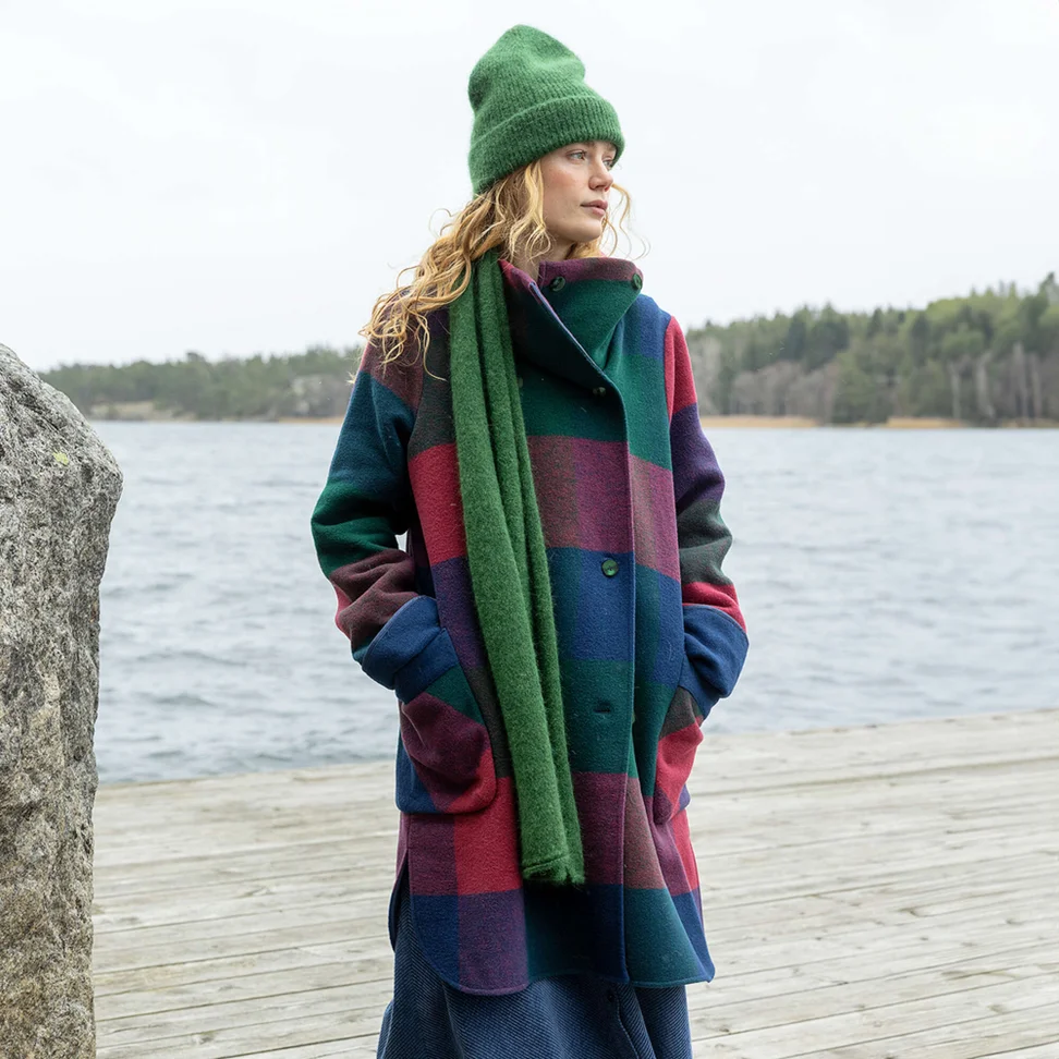 “Alberta” coat in recycled wool/recycled polyester - indigo/patterned