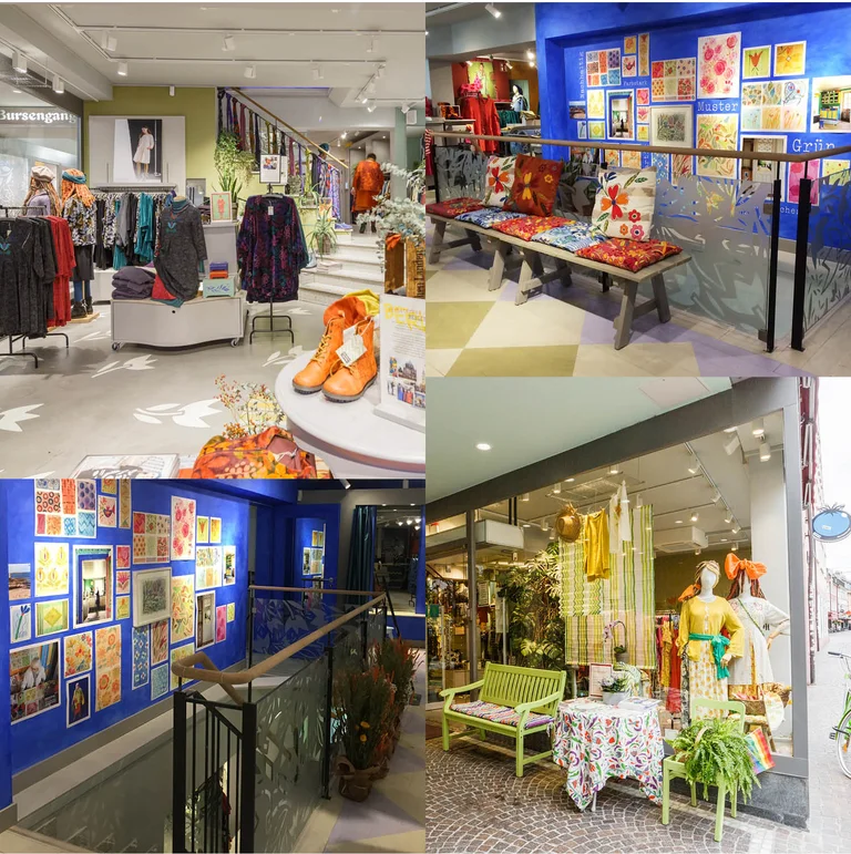 A collage of pictures from Gudrun Sjödén’s store in Freiburg.