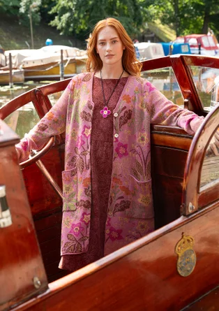 “Millefiori” long cardigan in wool/organic cotton - heather pink