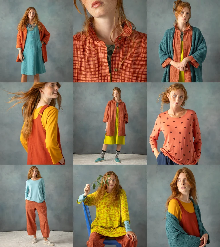 A collage of women wearing colourful clothes from Gudrun Sjödén. 