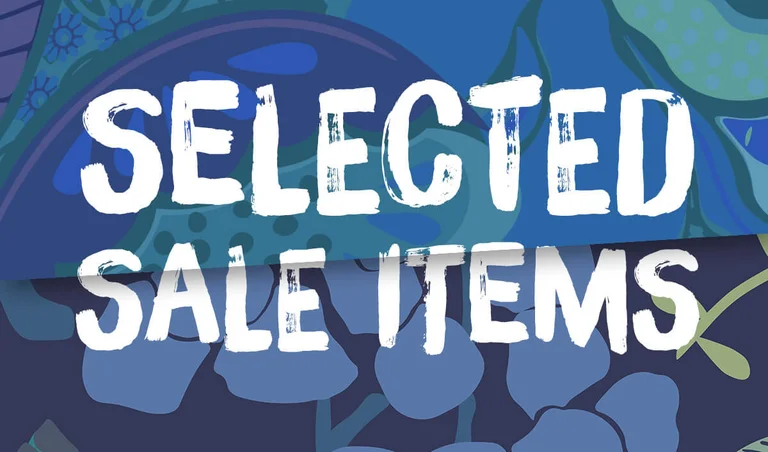 A graphic pattern in various colours with the words SELECTED SALE ITEMS in white.