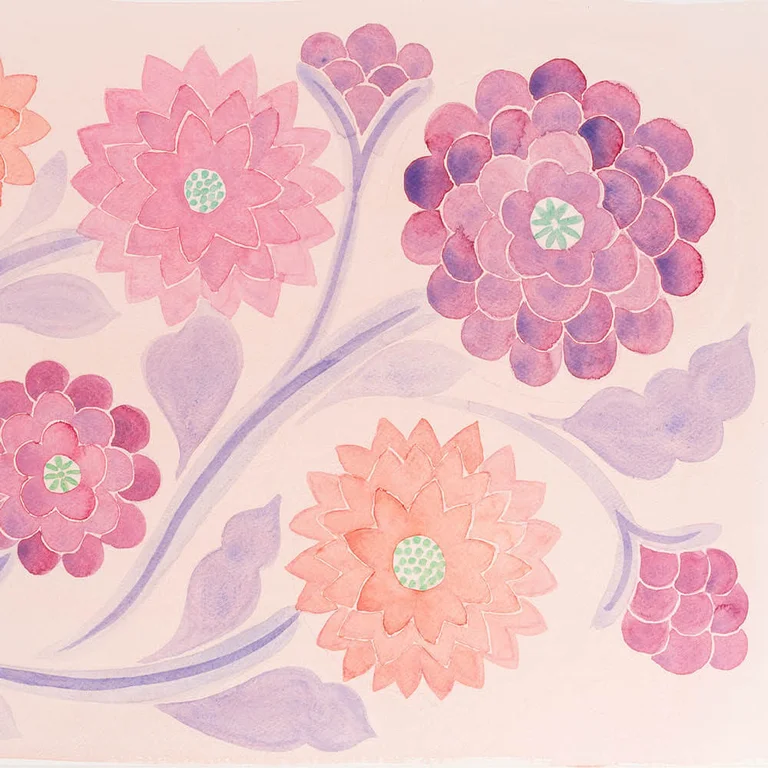 A pink watercolour painting of flowers from Gudrun Sjödén.