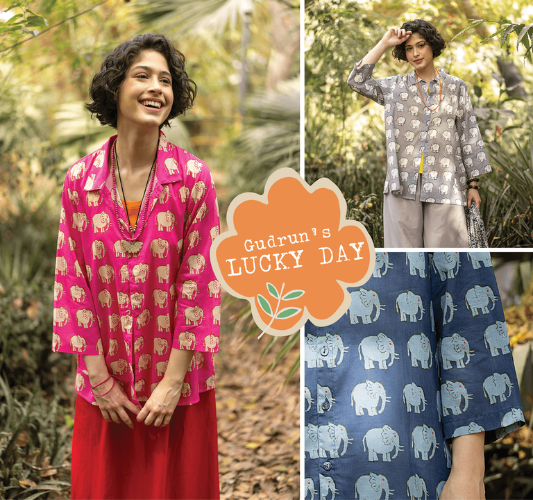 A photocollage featuring a woman dressed in “Elephant” blouse with elephant motifs available from Gudrun Sjödén in three different colours.
