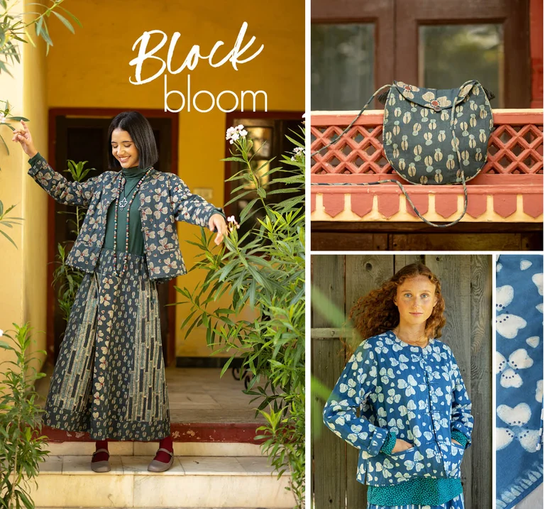 A collage of women wearing block-printed clothing in shades of blue from Gudrun Sjödén. The collage also contains close-up shots of a matching bag and patterned fabric.