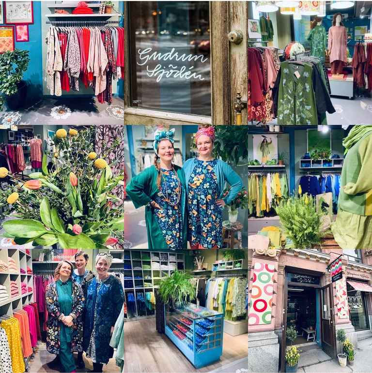 Ett kollage med bilder från Gudrun Sjödéns butik i London.