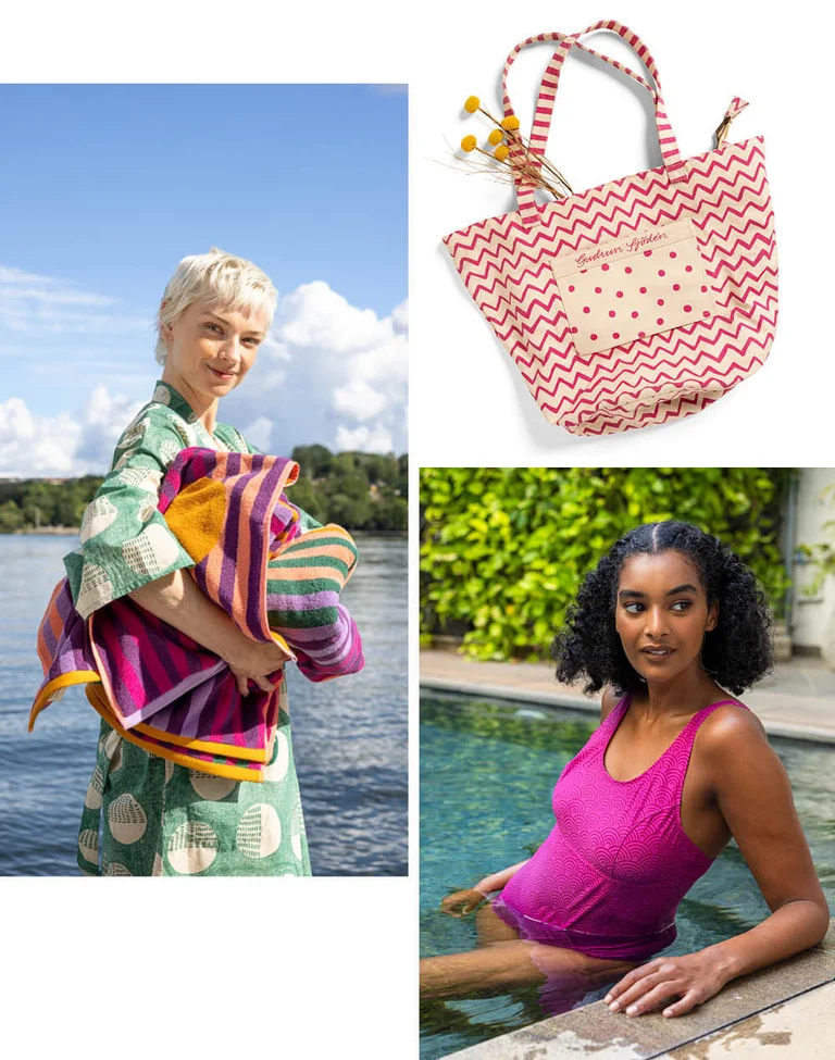 A collage of a woman wearing a kimono from Gudrun Sjödén, a woman wearing a purple swimsuit from Gudrun Sjödén and a cut-out image of a patterned tote bag from Gudrun Sjödén