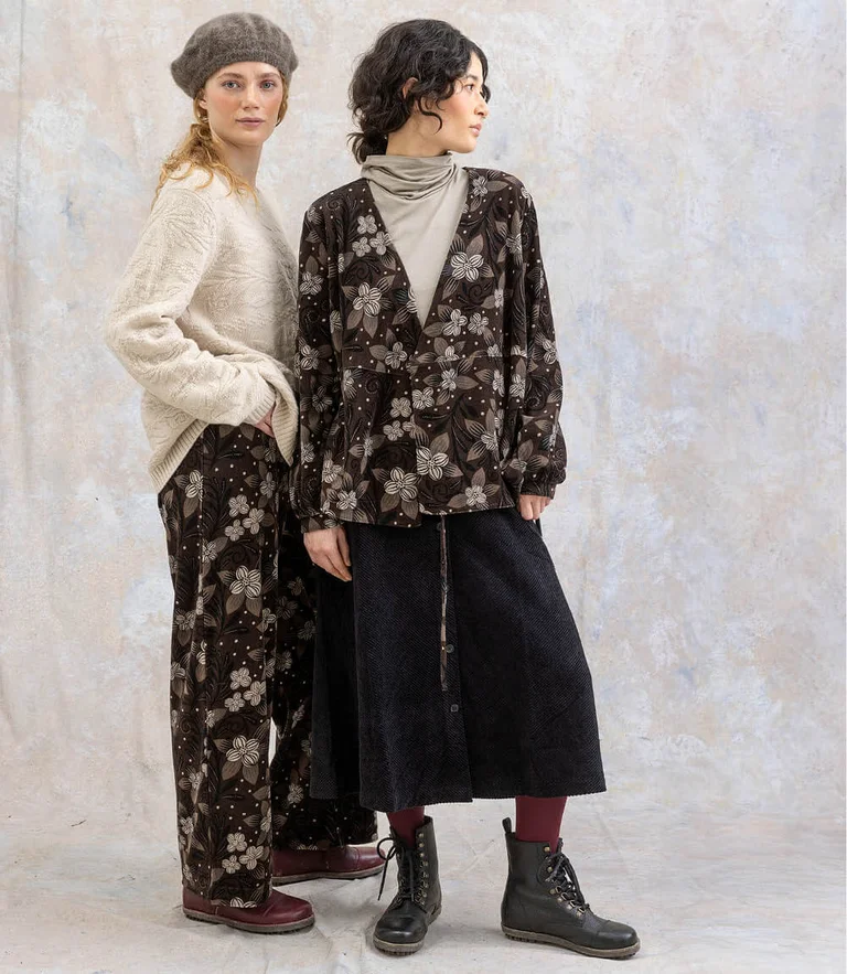 Two women standing next to each other wearing velour clothes from Gudrun Sjödén.