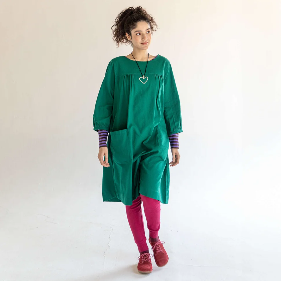 “Benedita” woven dress in organic cotton - light bottle green