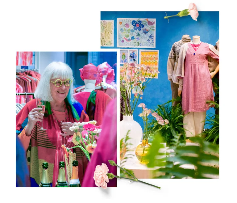 A collage of shots of Gudrun Sjödén’s stores. The collage is decorated with standout flowers.