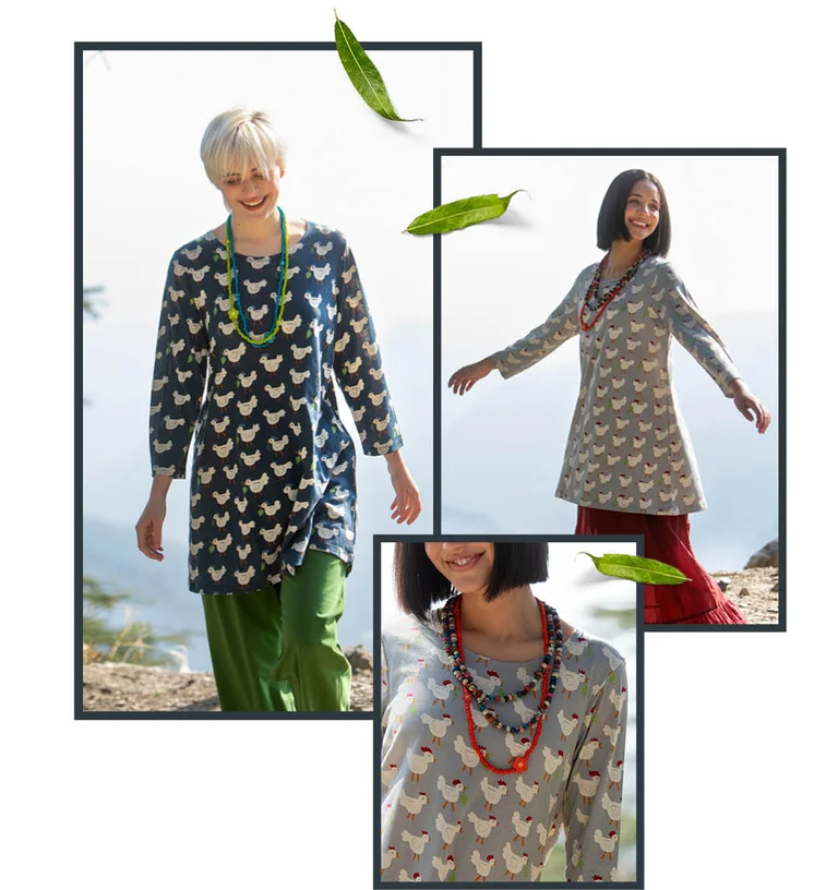 A collage with three photos of women wearing “Agda” tunic from Gudrun Sjödén. The collage is decorated with standout green leaves.