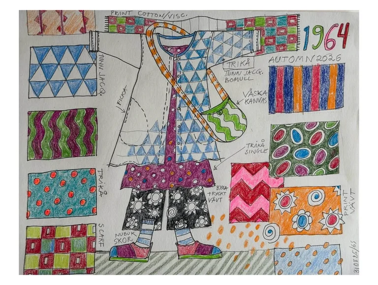 A hand-painted sketch of Gudrun Sjödén’s “1964” capsule collection.
