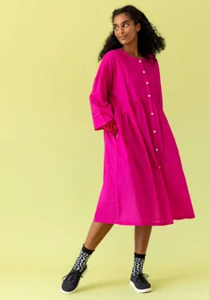 “Agnes” woven dress in organic cotton - pink begonia/patterned