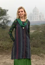 “Sylvi” striped/solid-colored sleeveless dress in linen - black/striped