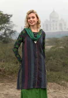 “Sylvi” sleeveless, striped/solid-colour linen dress - black/striped