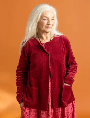 Velour cardigan in organic cotton/recycled polyester - pomegranate