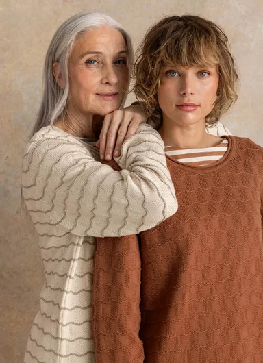 Two women standing close together wearing knitted sweaters in different colours from Gudrun Sjödén.