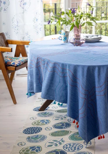 “Stitches” tablecloth in organic cotton - flax blue