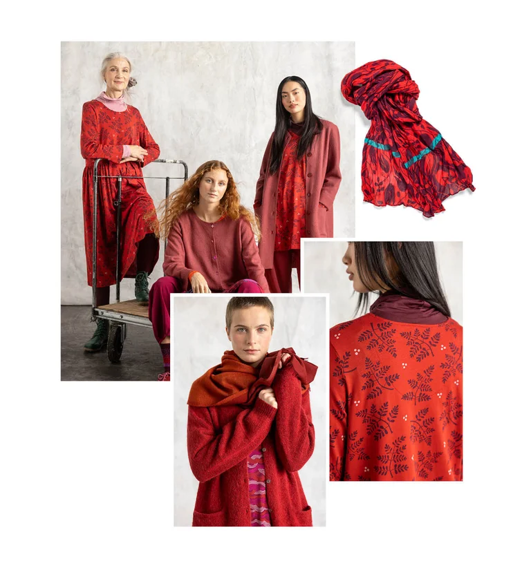 A collage of women wearing red essentials from Gudrun Sjödén.