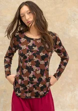 “Hillevi” floral/solid-colour lyocell/elastane jersey top - chestnut/patterned
