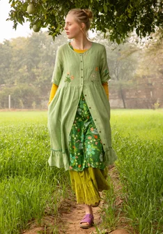 “Blombukett” woven dress in linen - gooseberry green