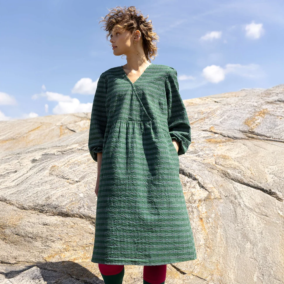 “Wavy” woven dress in organic cotton - teal