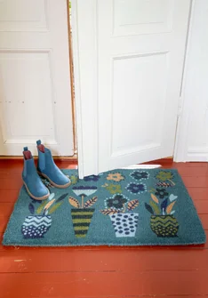 “Flower pots” coir doormat - aqua green