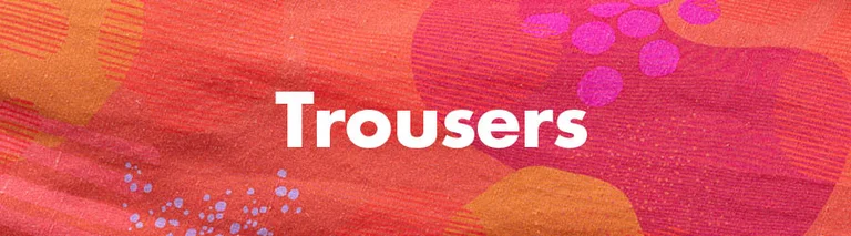 A floral pattern with the word “Trousers” in white.