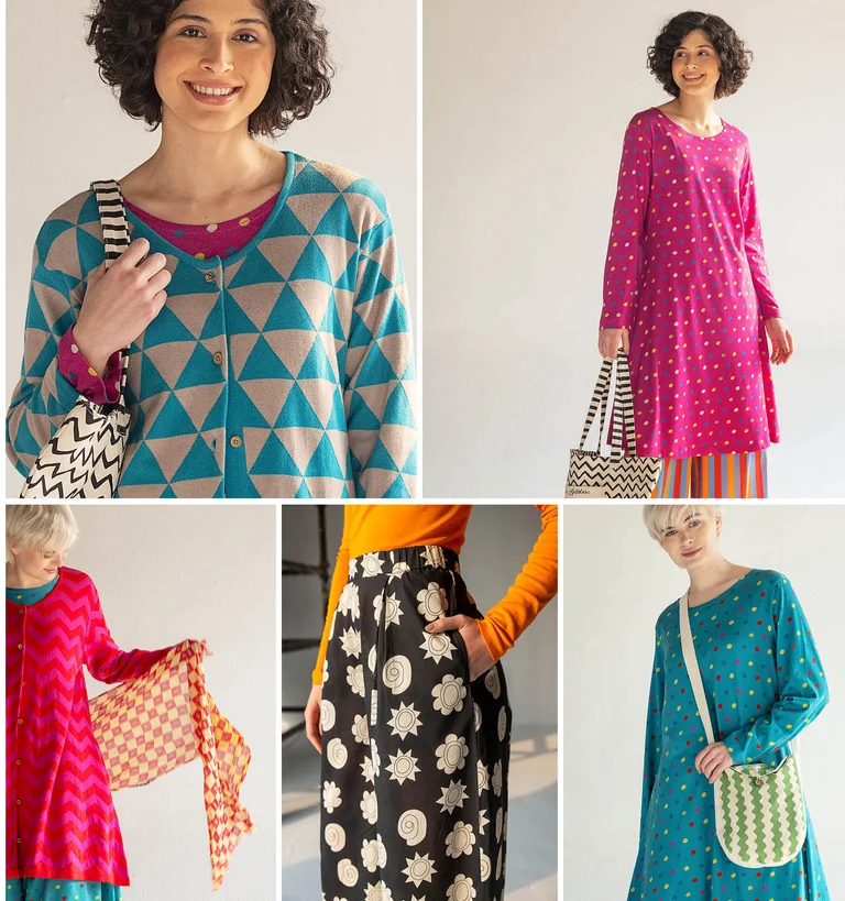 A collage of women wearing patterned and colourful clothes from Gudrun Sjödén’s “1964” capsule collection.