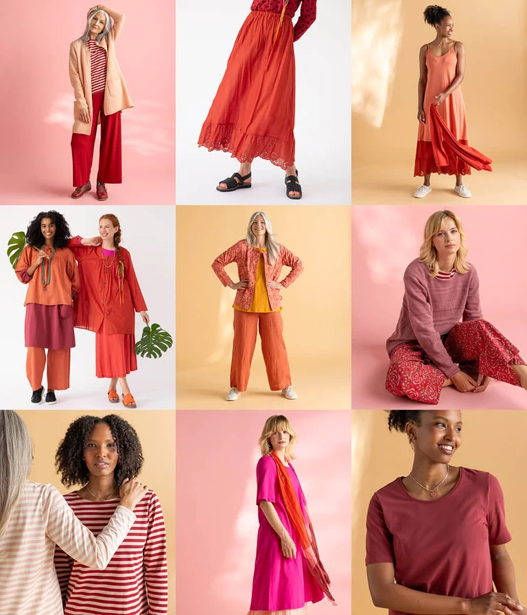 A collage of women wearing colourful clothes from Gudrun Sjödén. 