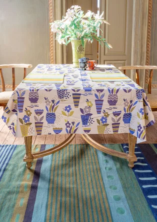 “Flower Pots” waxed tablecloth in organic cotton - dusky purple