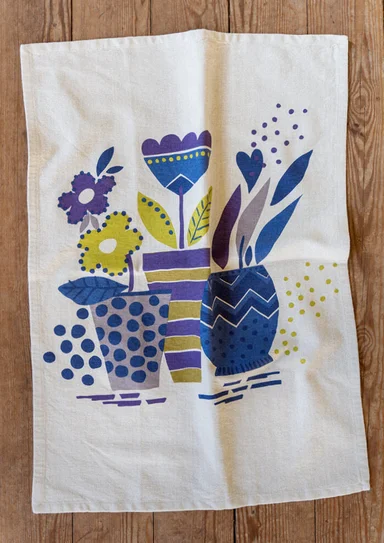 “Flower Pots” kitchen towel in organic cotton