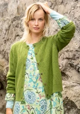 Cardigan à manches longues avec technique de tricotage Pointelle dans la couleur verte. Combiné avec une robe claire avec un motif floral dans les couleurs bleu, marron et vert. 
