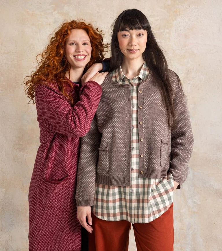 Two women wearing knit cardigans from Gudrun Sjödén.