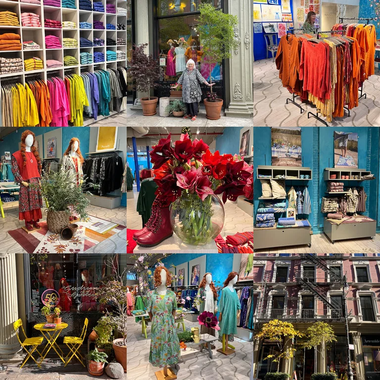Ett kollage med bilder från Gudrun Sjödéns butik i New York.