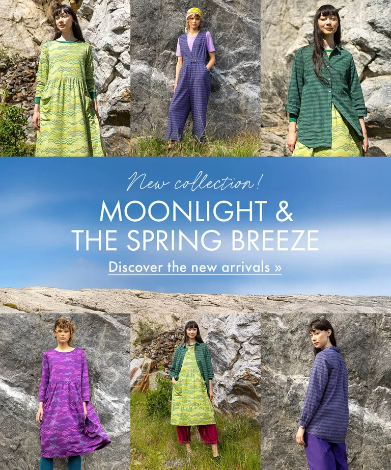 A collage of women outdoors wearing clothes from Gudrun Sjödén’s 2026 Spring collection.