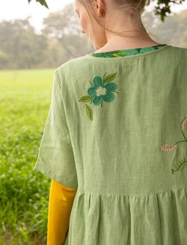 Vevd kjole «Blombukett» i lin - stikkelsbærgrønn