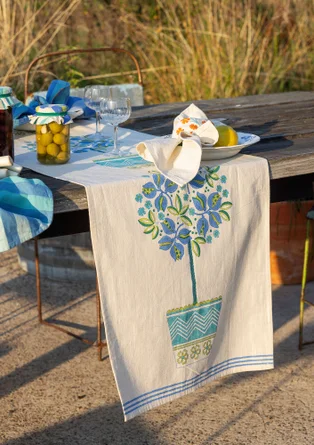 “Lemon Tree” table runner in organic cotton - sea blue