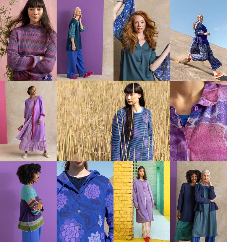 A large collage with multiple pictures of women wearing clothes in shades of blue and purple from Gudrun Sjödén.