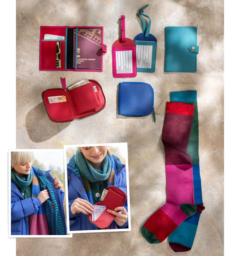 A collage of close-ups of colourful travel accessories from Gudrun Sjödén.