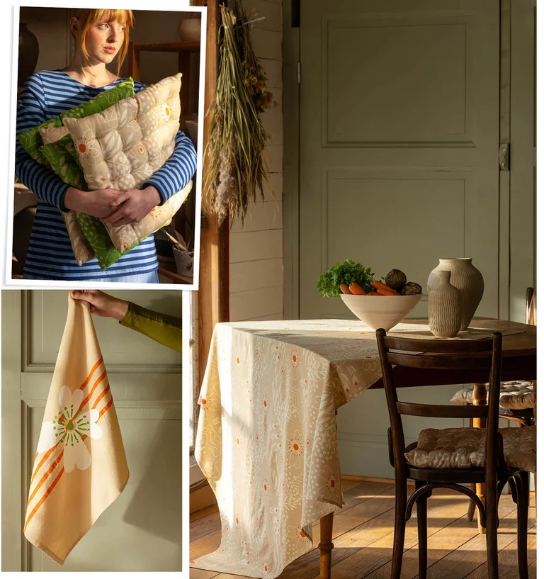 A collage showing various images of home textiles from Gudrun Sjödén.