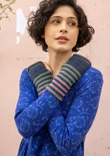 Striped fingerless gloves in lambswool - dark jade/melange